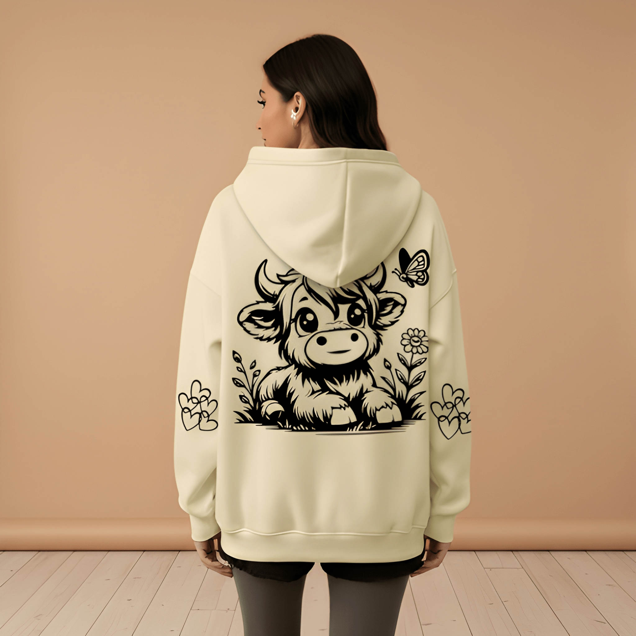Floral Bull Graphic Print Pullover Hoodie For Women