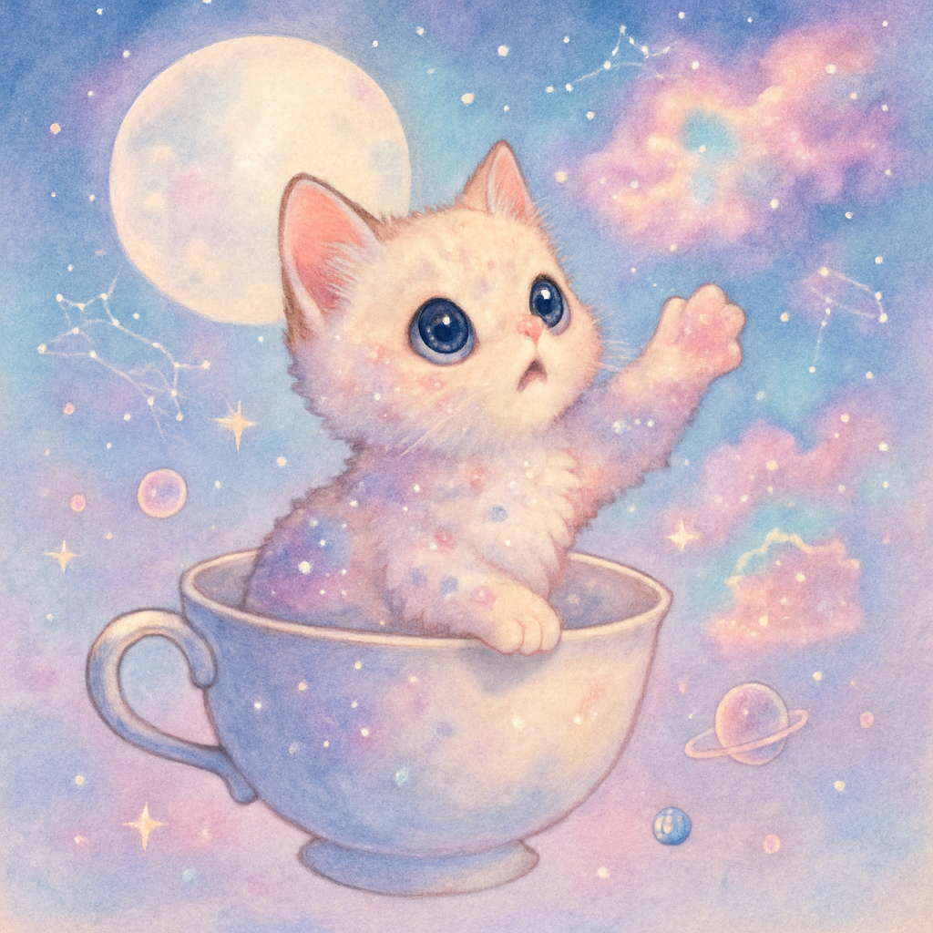 Starlit Teacup Voyager Cat vibrant all-over design tees