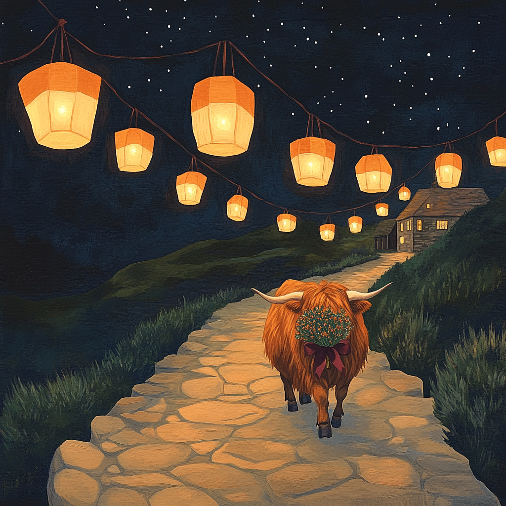 Night Lanterns Highland Cow Path personalized 3/4 sleeve tees