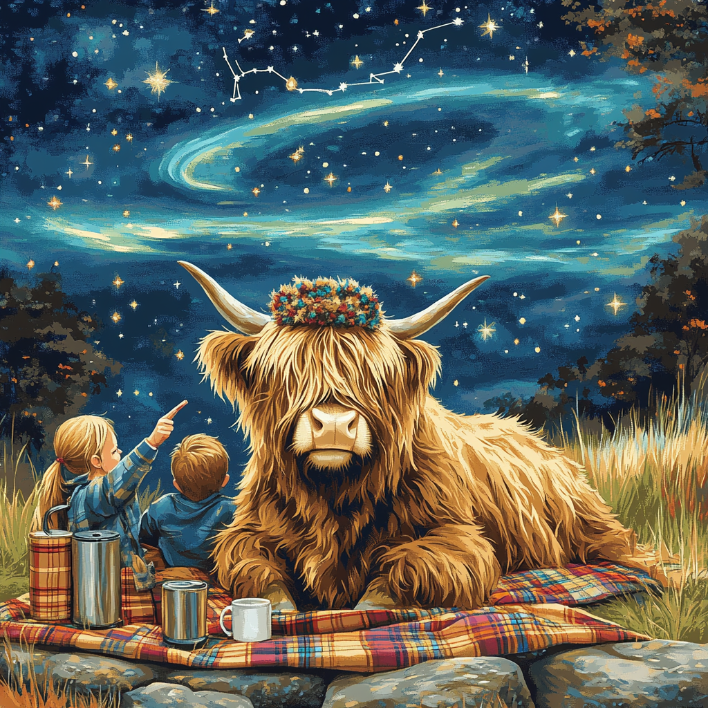 Stargazing Picnic With Highland Cow premium cotton polo shirts