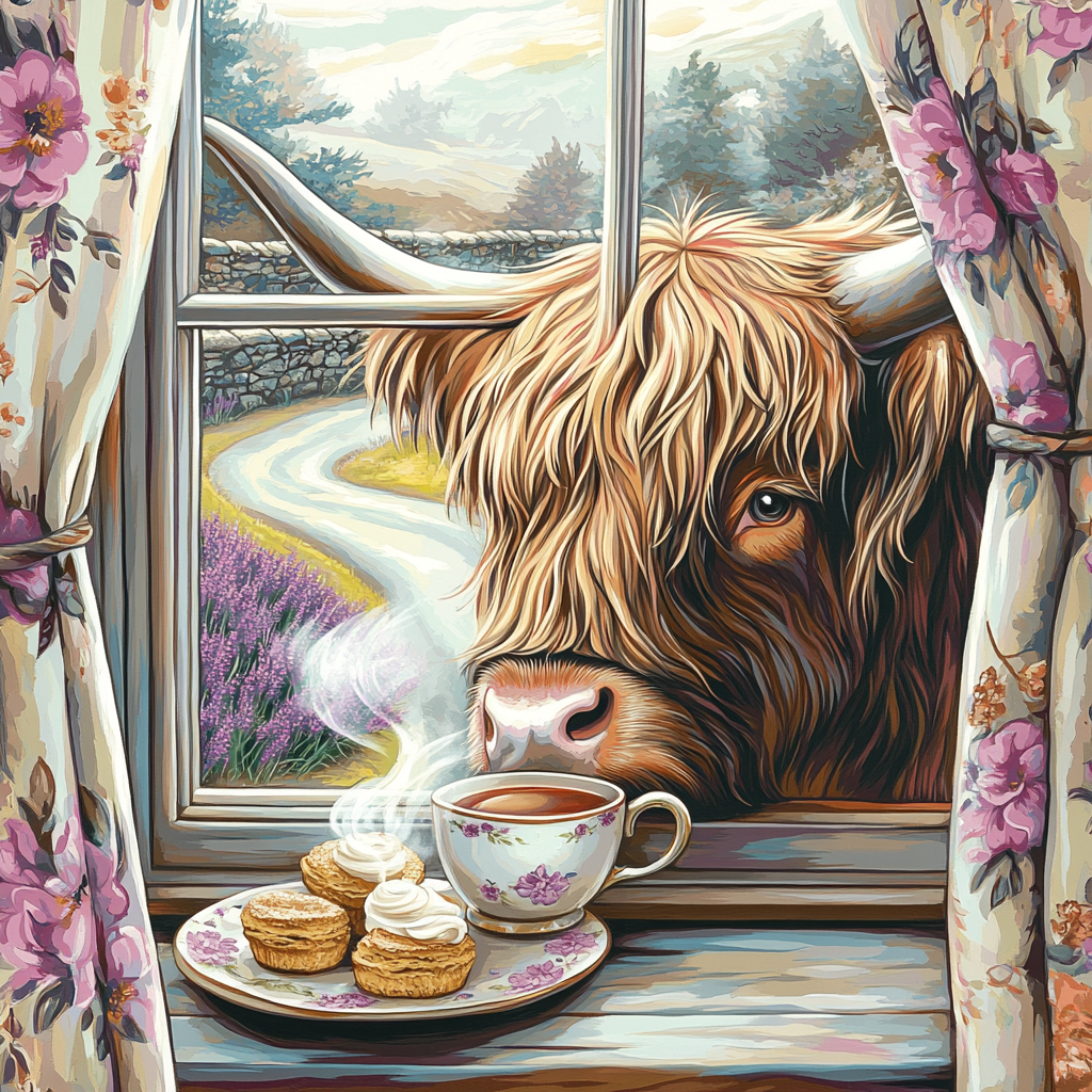 Tea Room Window Seat, Highland Cow graphic print tank tops
