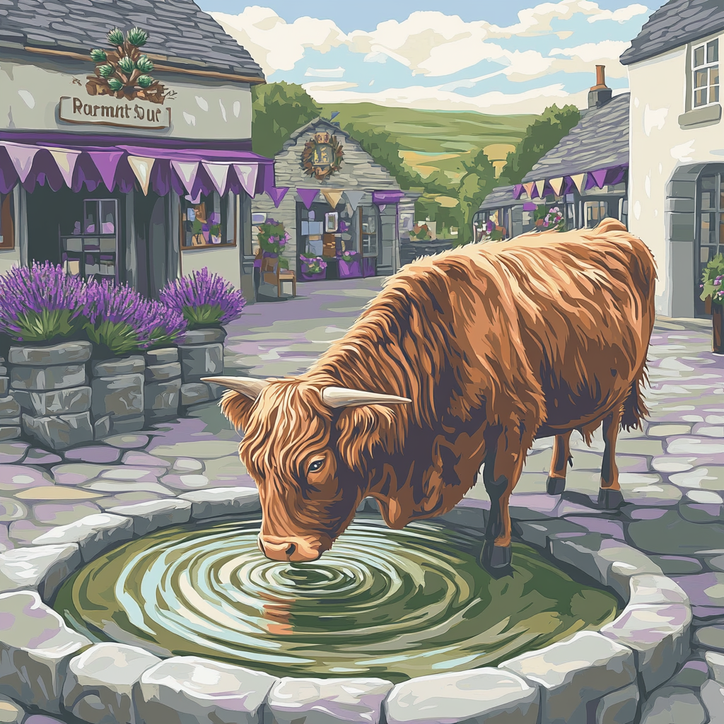 Highland Cow By The Thistle Fountain graphic print tank tops
