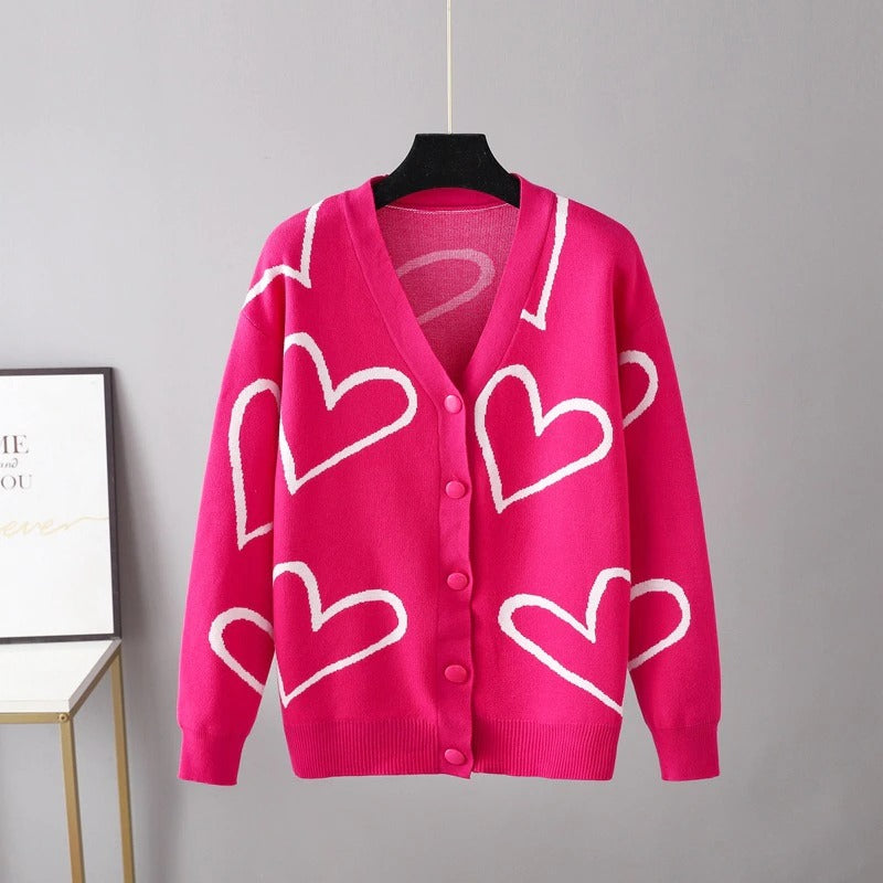 Heart Pattern Knit Oversized Drop Shoulder Cardigan-Soco Hoodie