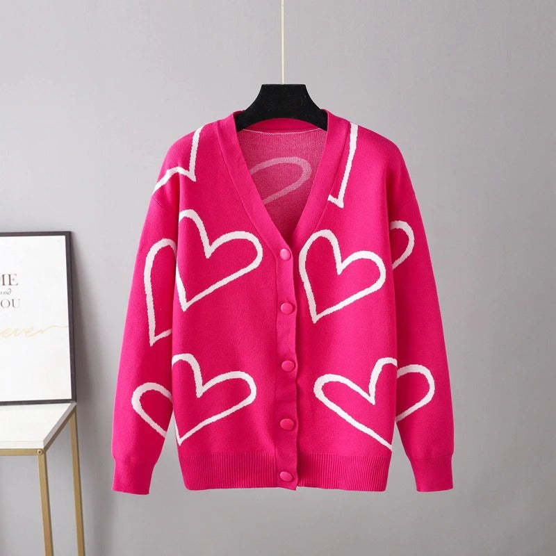 Heart Pattern Knit Oversized Drop Shoulder Cardigan-Soco Hoodie