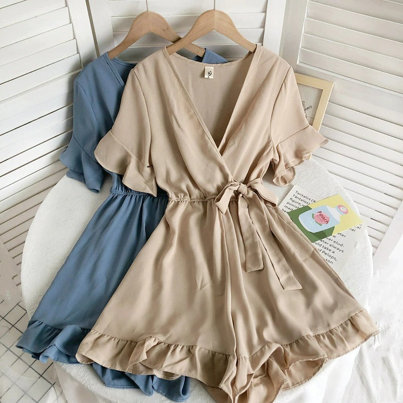 Women's Solid Color Short Ruffle Playsuit-Soco Hoodie