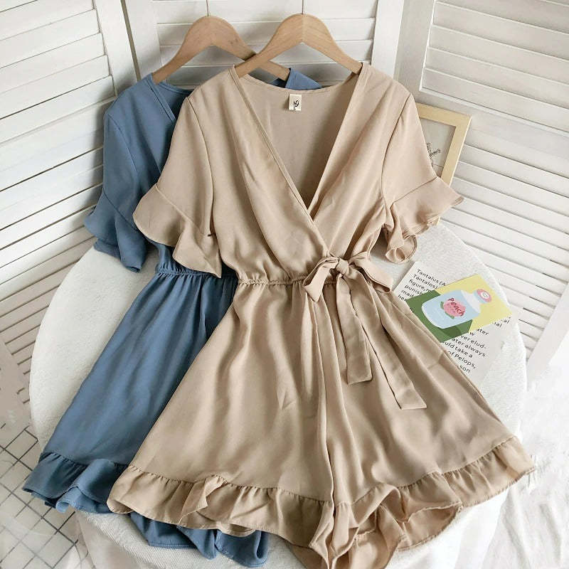 Women's Solid Color Short Ruffle Playsuit-Soco Hoodie