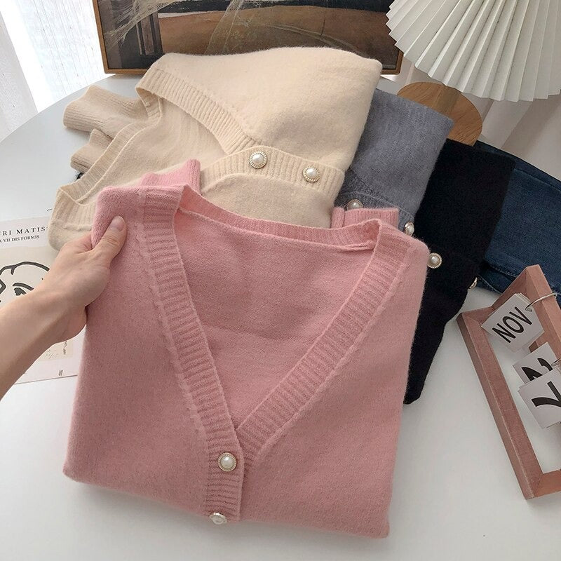 V-Neck Solid Long-Sleeved Knitted Cardigans For Women-Soco Hoodie