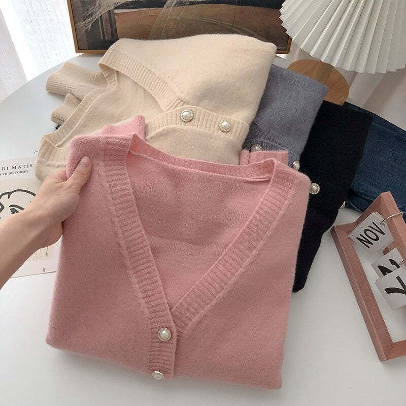 V-Neck Solid Long-Sleeved Knitted Cardigans For Women-Soco Hoodie