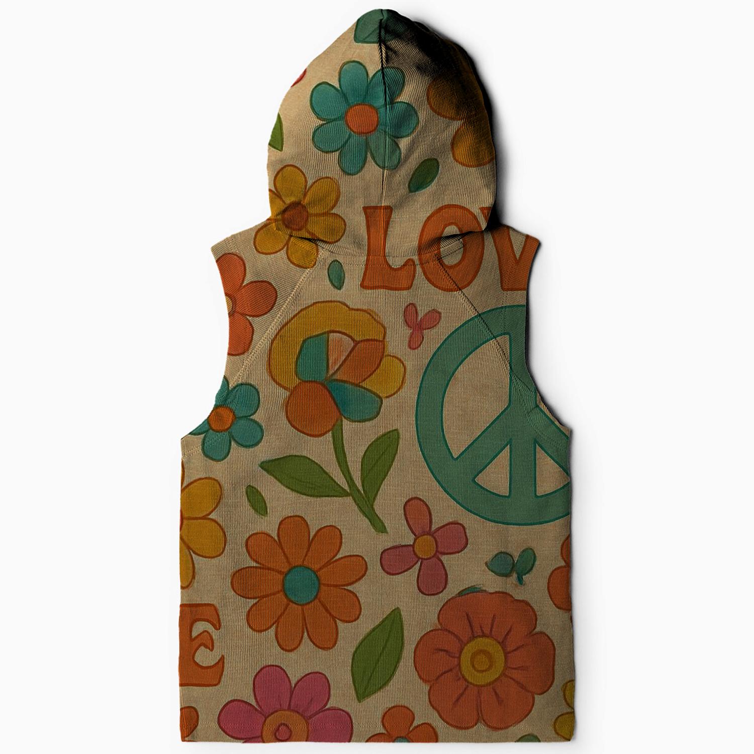 Peace and Love Floral Patchwork Sleeveless Hoodie