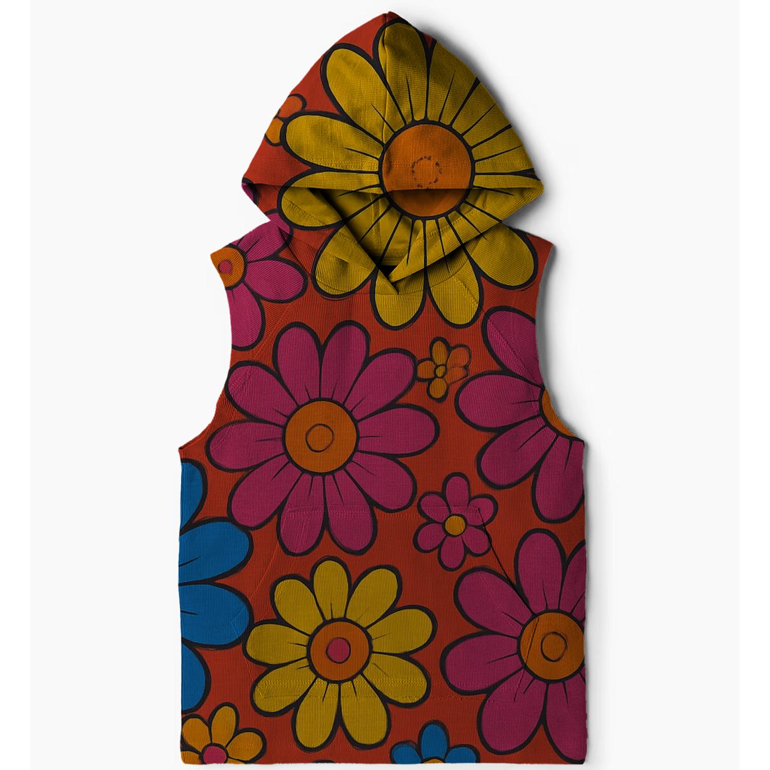 Retro Funky Flowers Sleeveless Hoodie