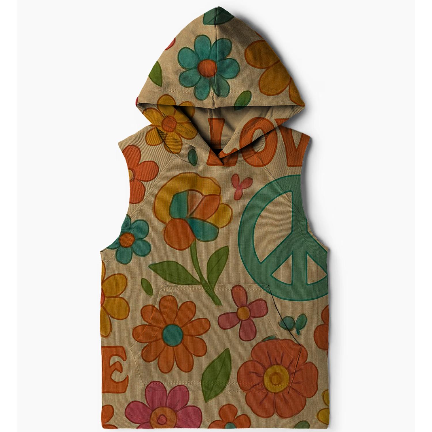 Peace and Love Floral Patchwork Sleeveless Hoodie
