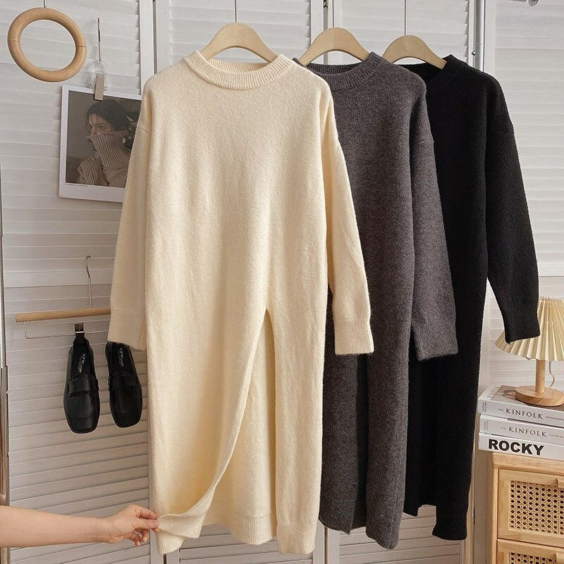 Women's Slitted Long-Sleeve Knitted Sweater Dress-Soco Hoodie