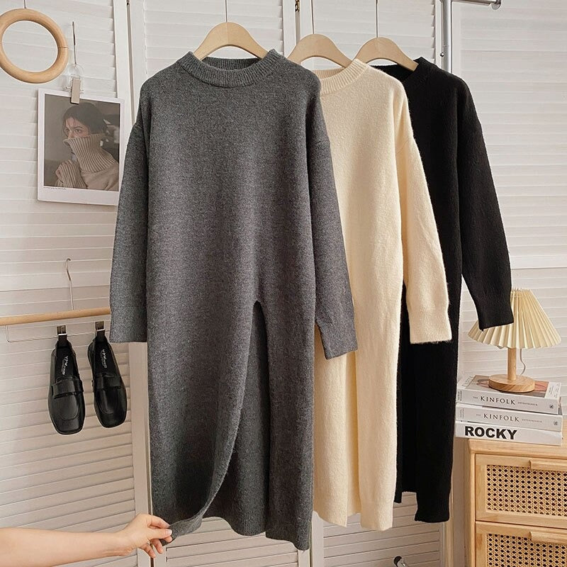 Women's Slitted Long-Sleeve Knitted Sweater Dress-Soco Hoodie
