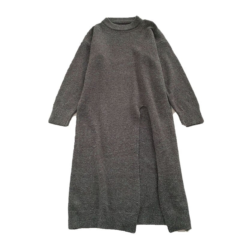 Women's Slitted Long-Sleeve Knitted Sweater Dress-Soco Hoodie