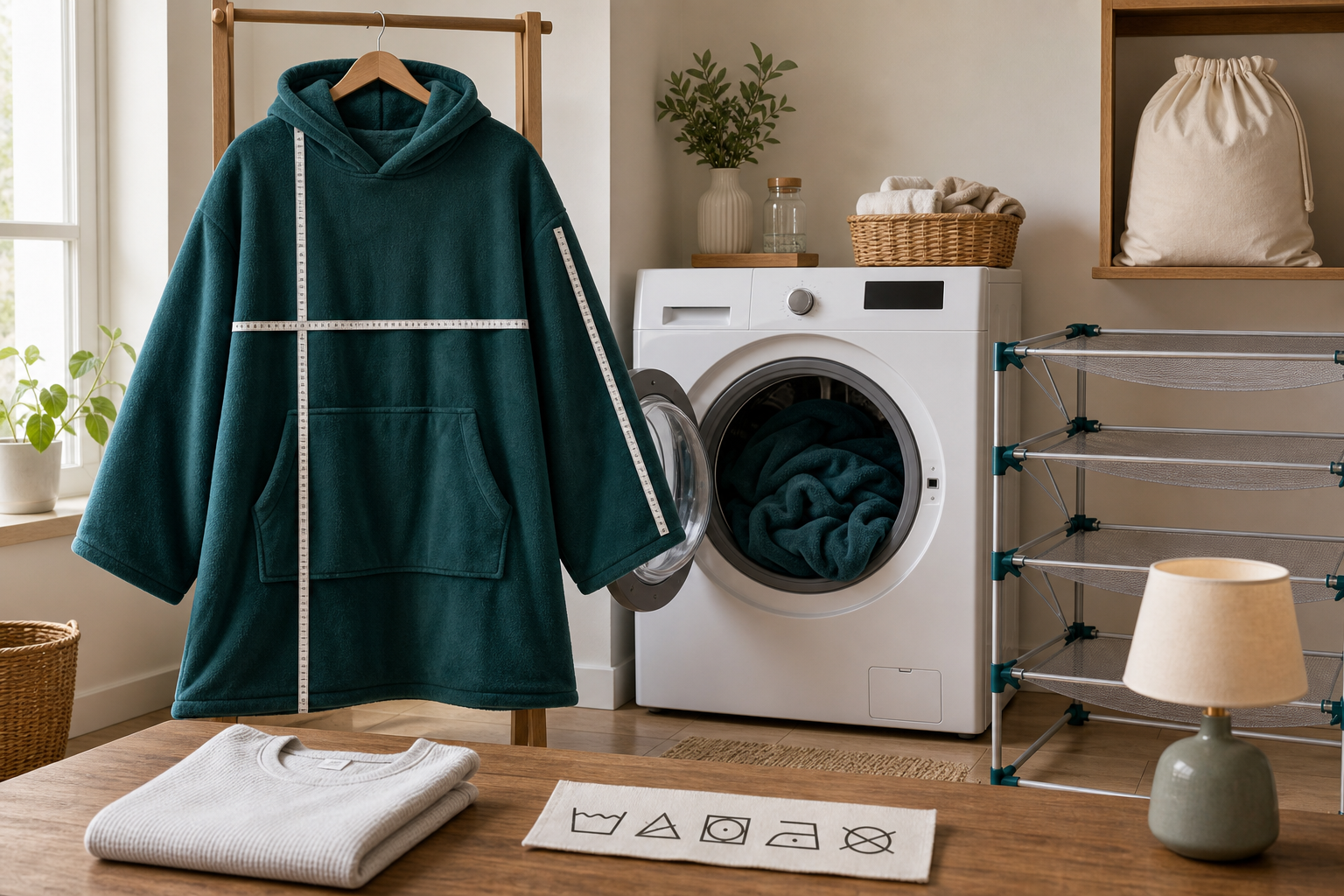 Plain deep teal oversized blanket hoodie measured beside a front-loading washer drying rack care symbols and breathable storage bag