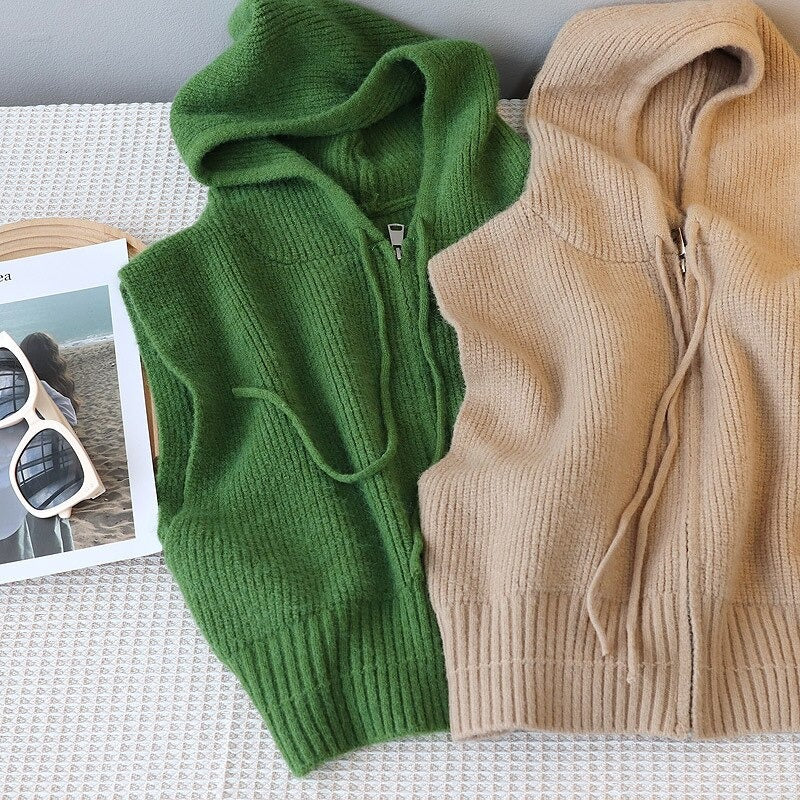 Hooded Loose Zipper Knit Sweater Vest-Soco Hoodie