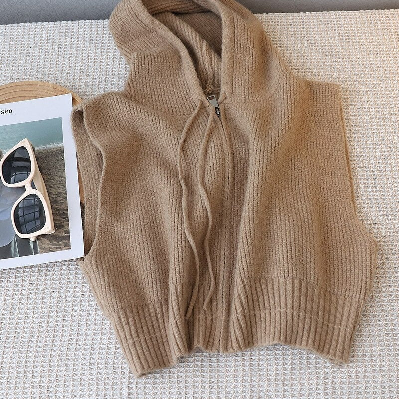 Hooded Loose Zipper Knit Sweater Vest-Soco Hoodie