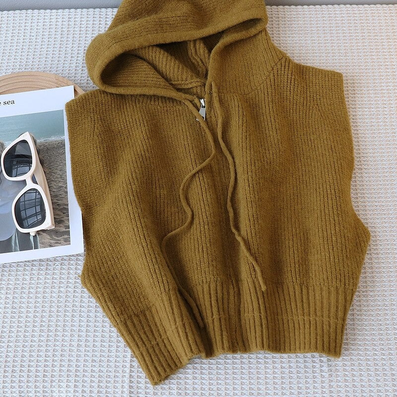 Hooded Loose Zipper Knit Sweater Vest-Soco Hoodie