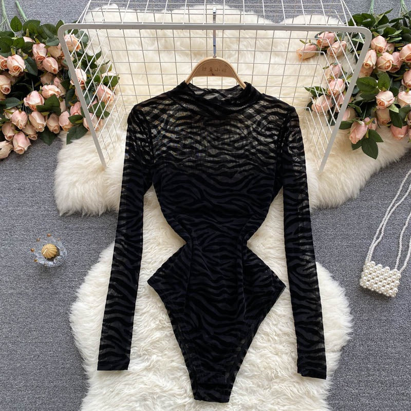 Black Mesh Long-Sleeved One-Piece Bodysuit-Soco Hoodie