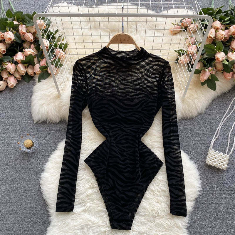 Black Mesh Long-Sleeved One-Piece Bodysuit-Soco Hoodie