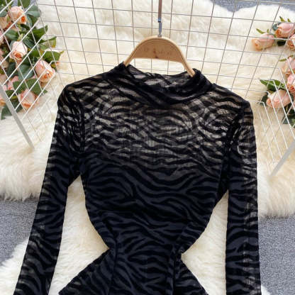 Black Mesh Long-Sleeved One-Piece Bodysuit-Soco Hoodie