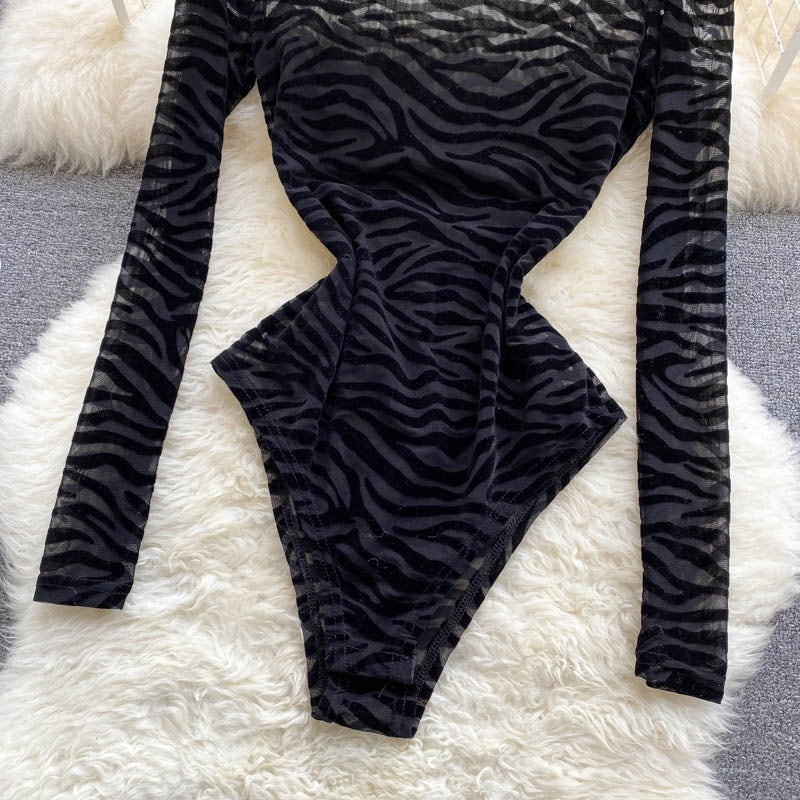 Black Mesh Long-Sleeved One-Piece Bodysuit-Soco Hoodie