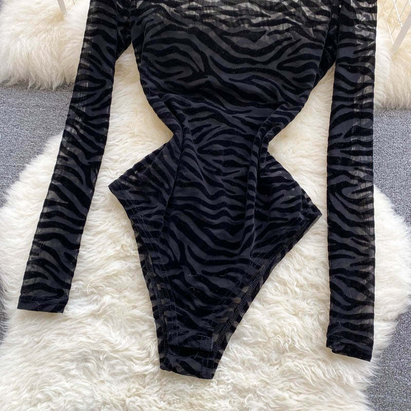 Black Mesh Long-Sleeved One-Piece Bodysuit-Soco Hoodie