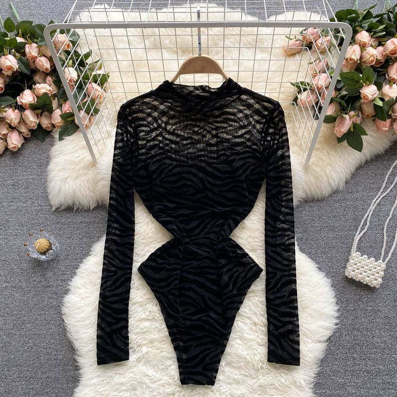 Black Mesh Long-Sleeved One-Piece Bodysuit-Soco Hoodie