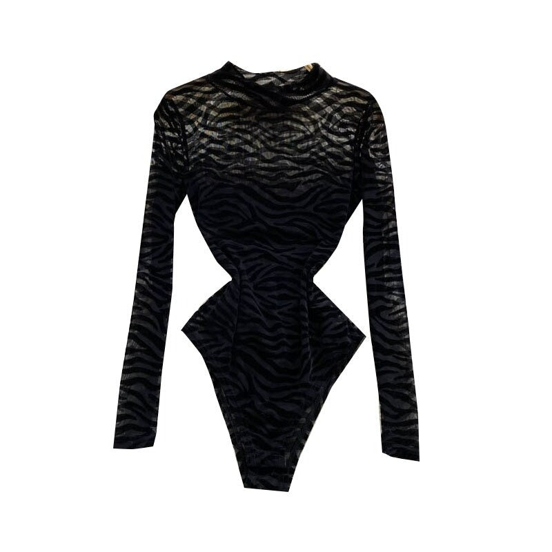 Black Mesh Long-Sleeved One-Piece Bodysuit-Soco Hoodie