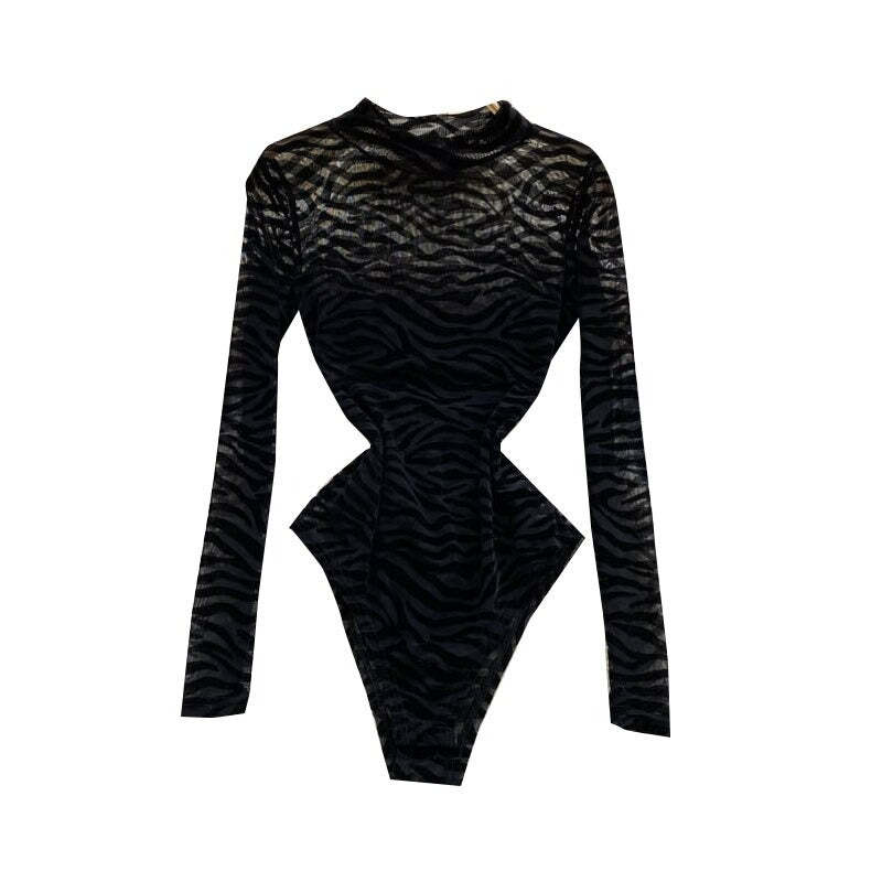 Black Mesh Long-Sleeved One-Piece Bodysuit-Soco Hoodie