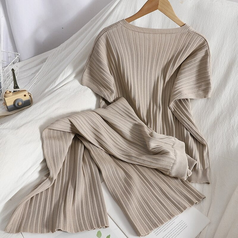 Knitted Solid Pullover With Wide-Leg Pants For Women-Soco Hoodie