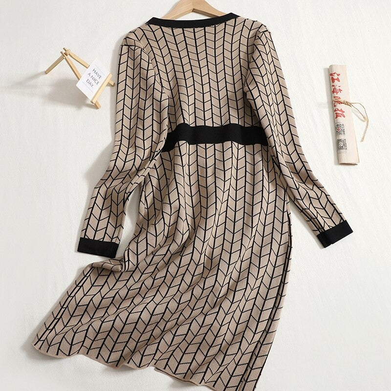 Mid-Length V-Neck Plaid Knitted Split Dress-Soco Hoodie