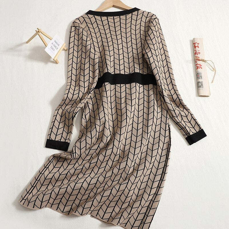 Mid-Length V-Neck Plaid Knitted Split Dress-Soco Hoodie