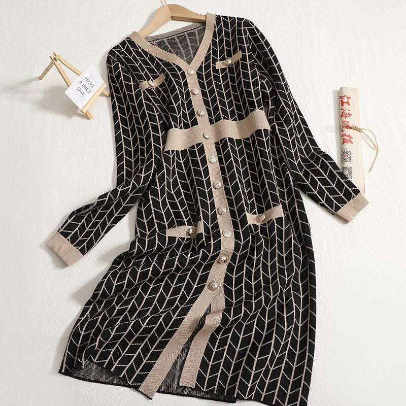 Mid-Length V-Neck Plaid Knitted Split Dress-Soco Hoodie
