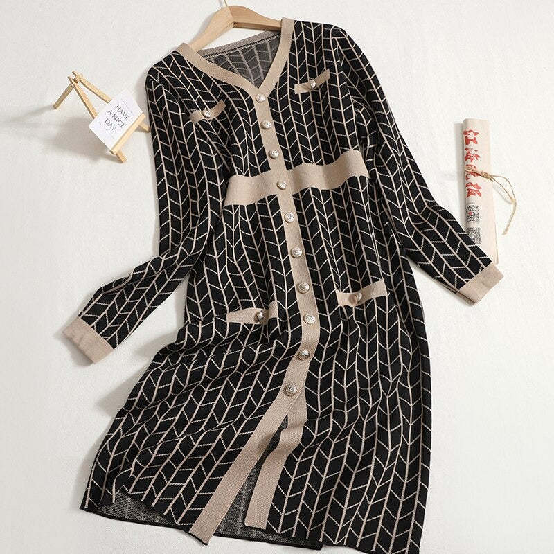 Mid-Length V-Neck Plaid Knitted Split Dress-Soco Hoodie