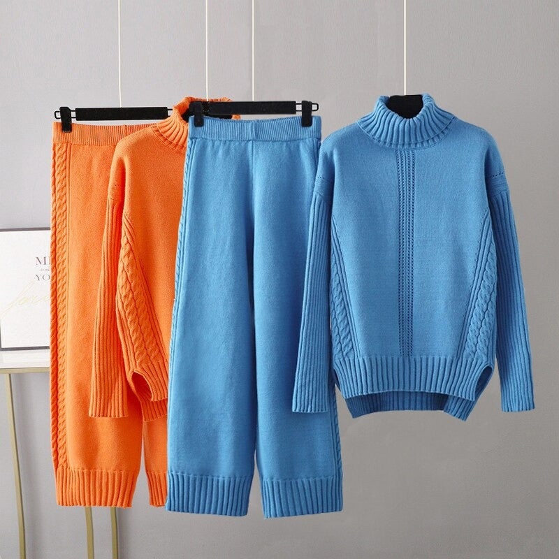 Turtleneck Thickened Knitted Sweater And Pants For Women-Soco Hoodie