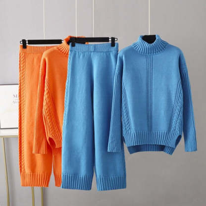 Turtleneck Thickened Knitted Sweater And Pants For Women-Soco Hoodie