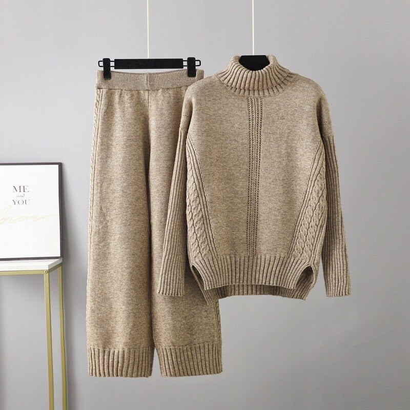 Turtleneck Thickened Knitted Sweater And Pants For Women-Soco Hoodie
