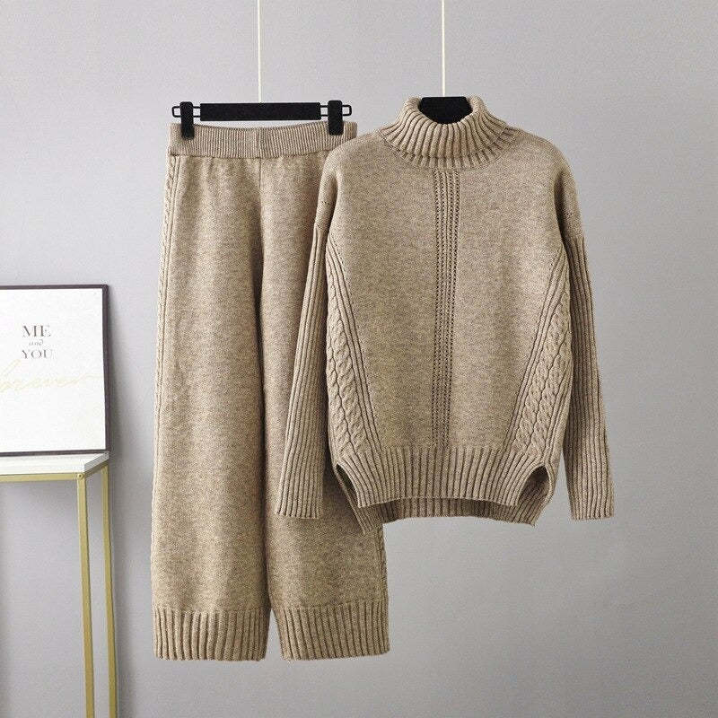 Turtleneck Thickened Knitted Sweater And Pants For Women-Soco Hoodie