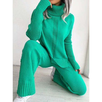 Turtleneck Thickened Knitted Sweater And Pants For Women-Soco Hoodie