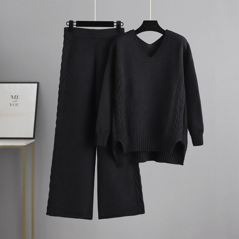 Loose Sweater And Knitted Wide Leg Pants For Women-Soco Hoodie