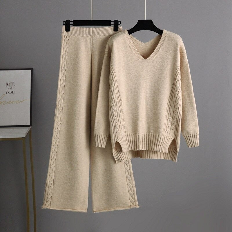 Loose Sweater And Knitted Wide Leg Pants For Women-Soco Hoodie