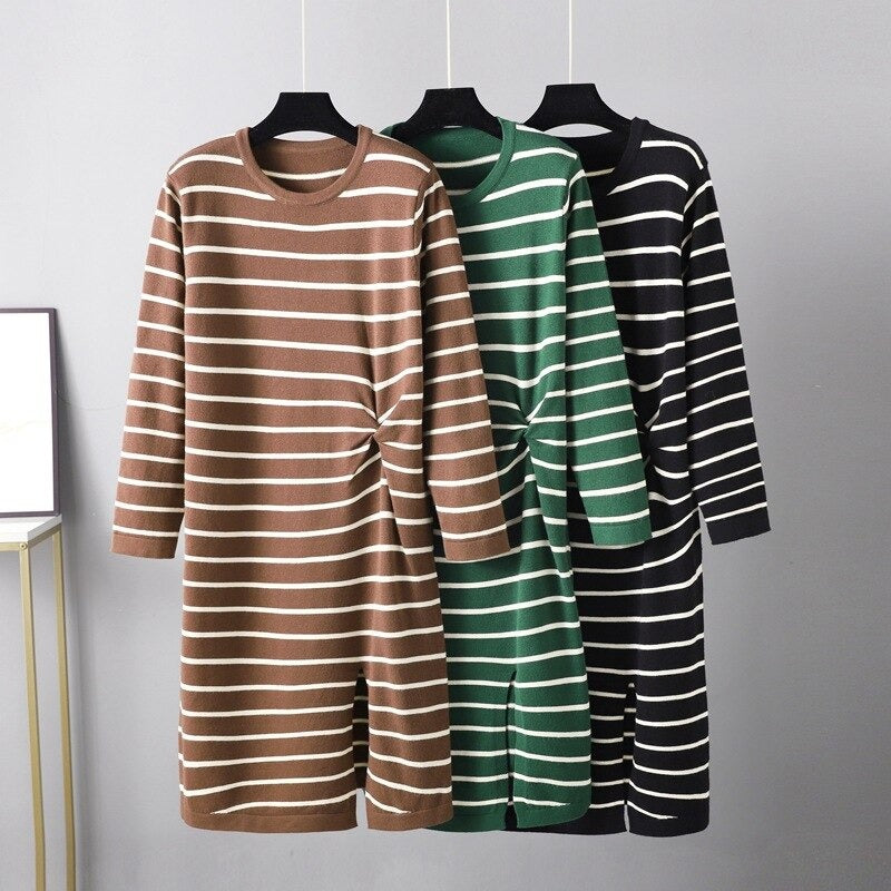 Twisted Striped Long Sleeve Sweater Dress For Women-Soco Hoodie