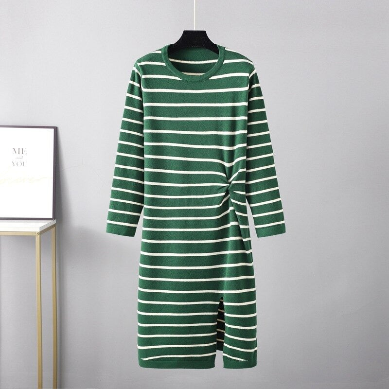Twisted Striped Long Sleeve Sweater Dress For Women-Soco Hoodie
