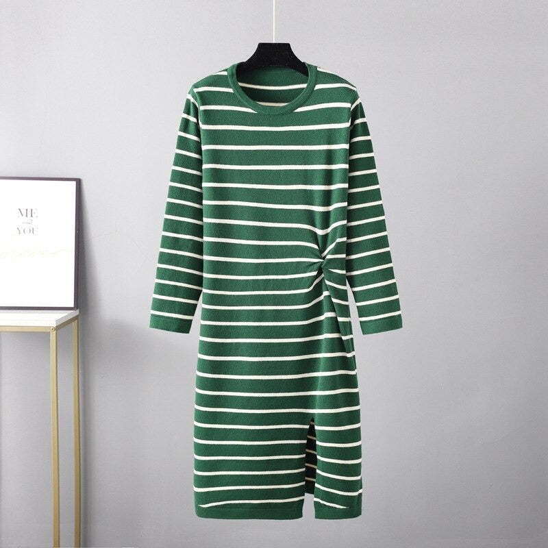 Twisted Striped Long Sleeve Sweater Dress For Women-Soco Hoodie