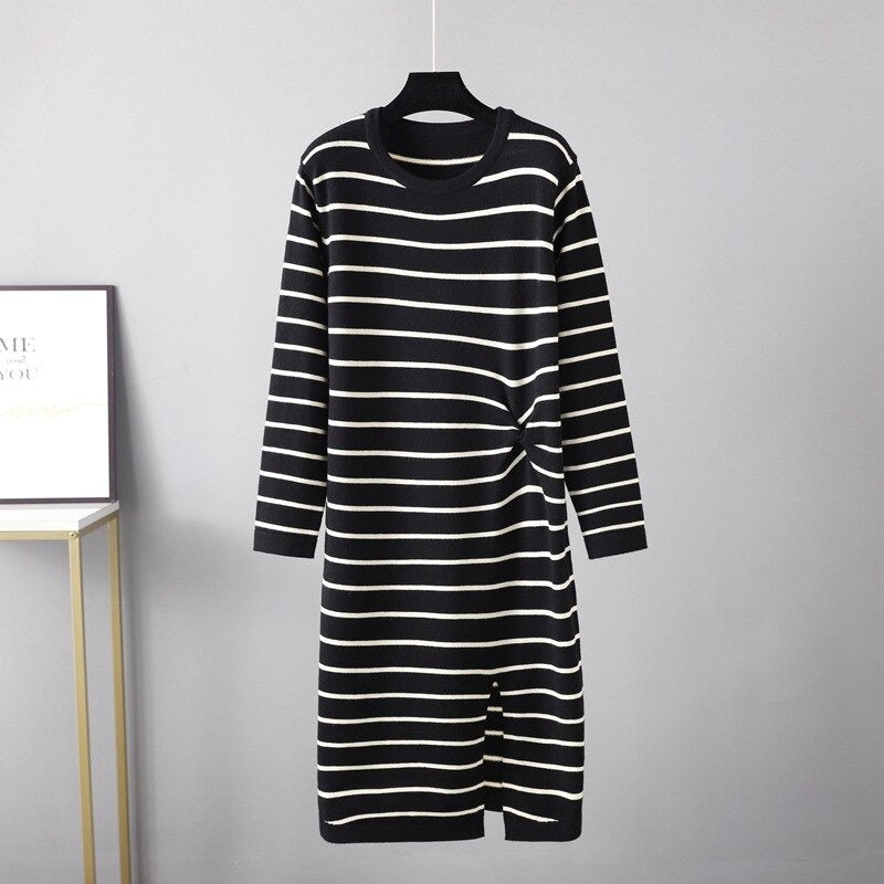 Twisted Striped Long Sleeve Sweater Dress For Women-Soco Hoodie