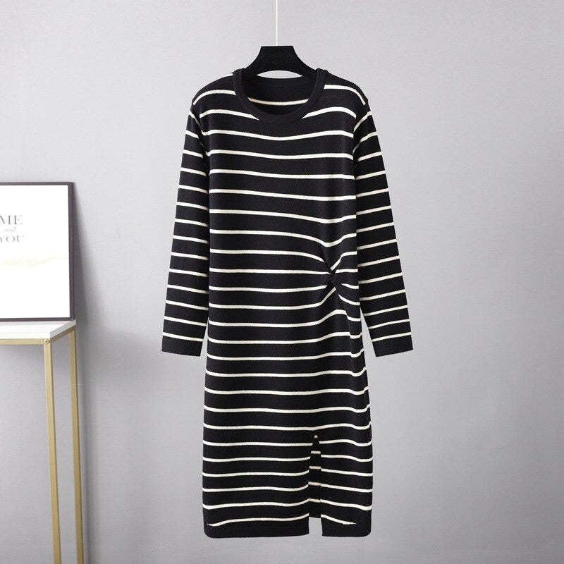 Twisted Striped Long Sleeve Sweater Dress For Women-Soco Hoodie
