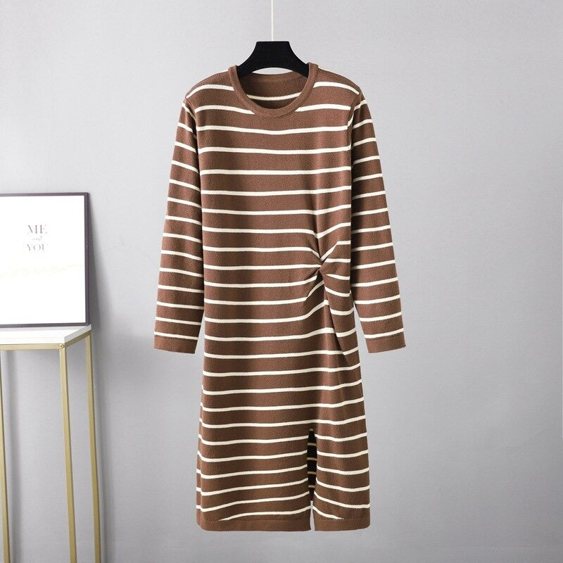 Twisted Striped Long Sleeve Sweater Dress For Women-Soco Hoodie