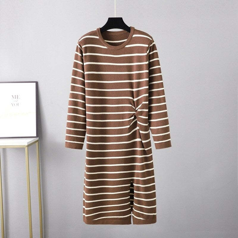 Twisted Striped Long Sleeve Sweater Dress For Women-Soco Hoodie