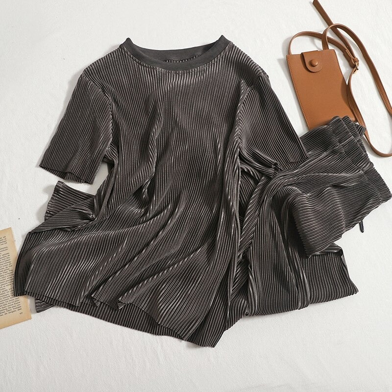 Two Piece O-Neck T-Shirt And Slit Pants For Women-Soco Hoodie